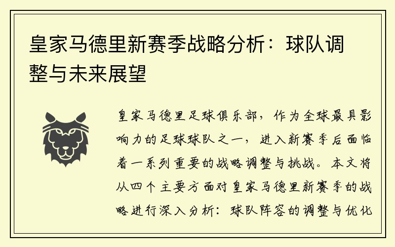 皇家马德里新赛季战略分析：球队调整与未来展望