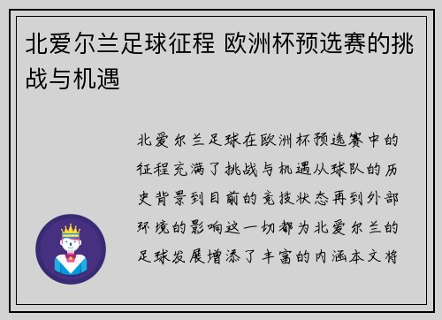 北爱尔兰足球征程 欧洲杯预选赛的挑战与机遇