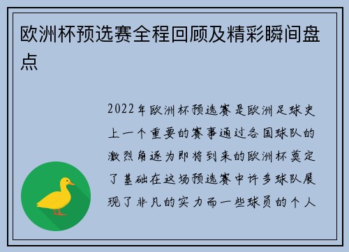 欧洲杯预选赛全程回顾及精彩瞬间盘点