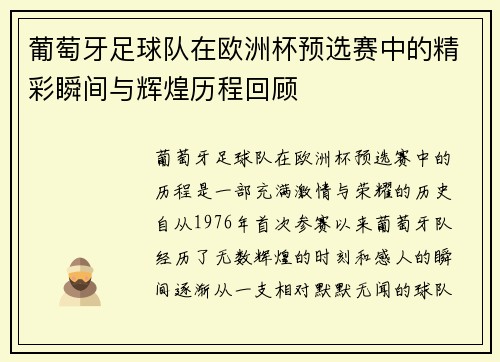 葡萄牙足球队在欧洲杯预选赛中的精彩瞬间与辉煌历程回顾