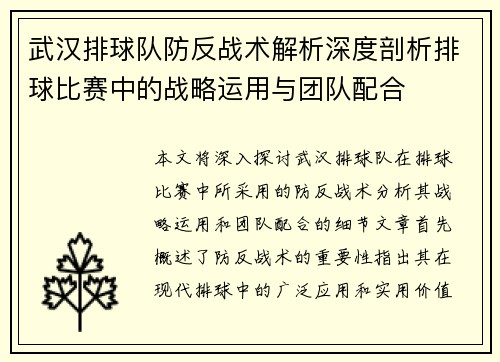 武汉排球队防反战术解析深度剖析排球比赛中的战略运用与团队配合