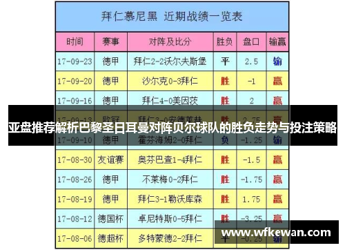 亚盘推荐解析巴黎圣日耳曼对阵贝尔球队的胜负走势与投注策略